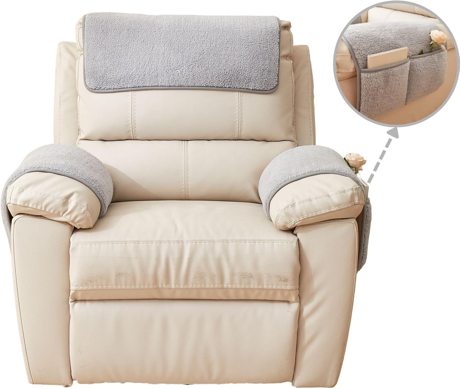 vctops 3 Pieces Sherpa Fleece Sofa Armrest Cover for Recliner Chair with Storage Pockets Non Slip Headrest Cover Fuzzy Couch Cover for Dogs Washable Furniture Protector (Cream, 1 Seat) - Image 4